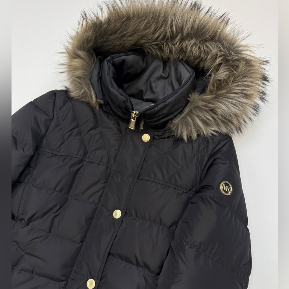 Michael Kors Gray Quilted Coat with Faux Fur Hood - Picture 5 of 10
